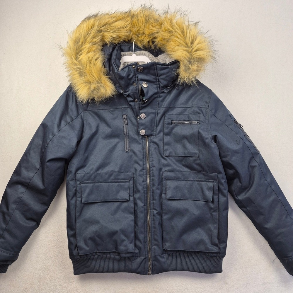 Awaknd Land Mens Navy Blue Weather Tech Bomber Jacket Faux Fur Hood Size Large